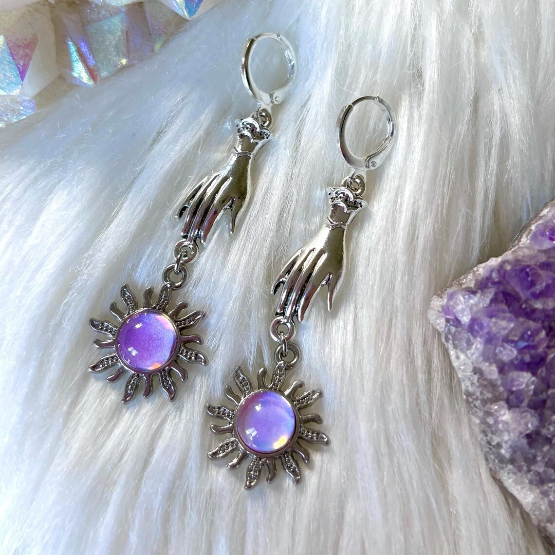 Pilates Ring Magic - Holy Hand Sun Earring,Vintage Jewelry,Purple Stones,Witch